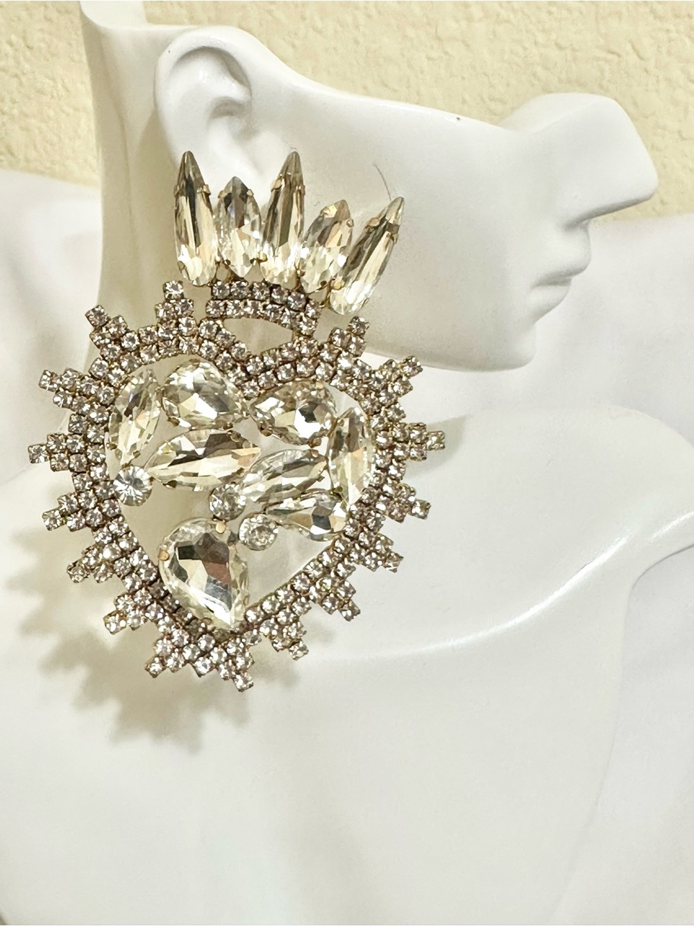 Exaggerated Crystal Heart Crown Statement Earrings -Minor Gold Tone Loss on Back